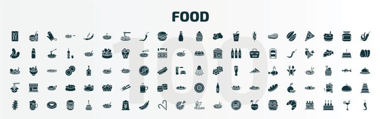 set of 100 food filled icons set. flat icons such as restaurant, fuqi feipian, muffin bake, sea life, chinese food box, moon cake, sea cucumber, noodle soup, vegan, french glyph icons.