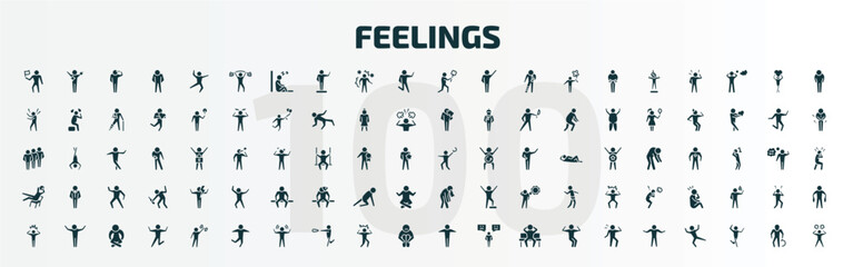 set of 100 feelings filled icons set. flat icons such as accomplished human, pumped human, sorry human, terrible lazy sick annoyed good full confident glyph icons.