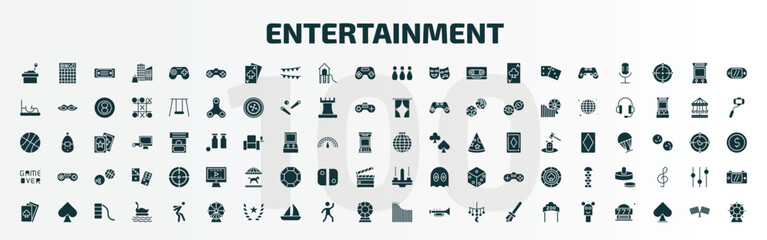set of 100 entertainment filled icons set. flat icons such as sandbox, super, bowling pins, disco, game over, , gambler, ferris wheel, roller coaster, puppet show glyph