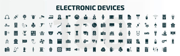 set of 100 electronic devices filled icons set. flat icons such as headphones, iron, food processor, furnace, grill, leaf blower, battery, espresso maker, usb, electric blanket glyph icons.
