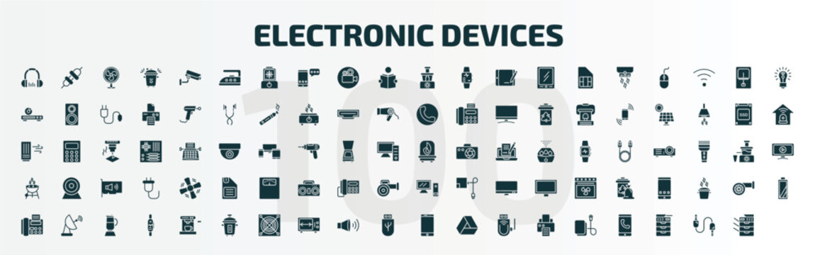 set of 100 electronic devices filled icons set. flat icons such as headphones, iron, food processor, furnace, grill, leaf blower, battery, espresso maker, usb, electric blanket glyph icons.