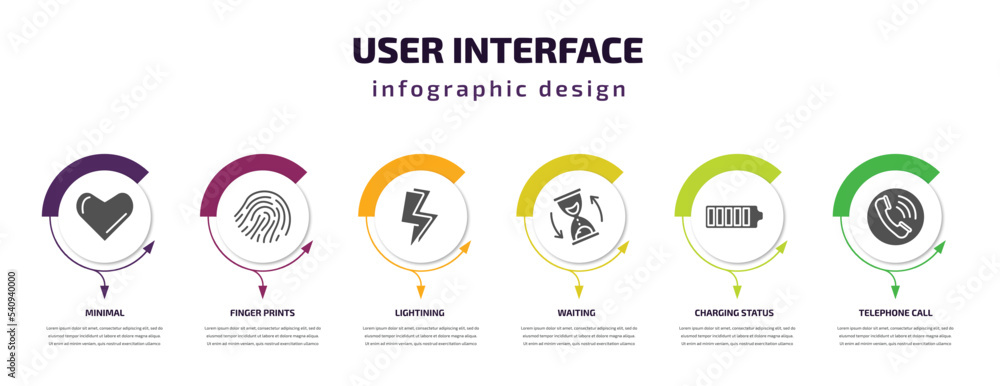 Poster user interface infographic template with icons and 6 step or option. user interface icons such as mi