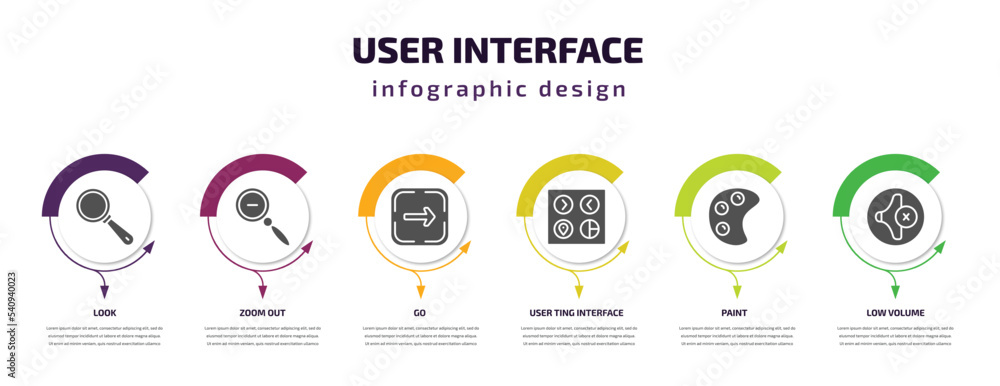 Poster user interface infographic template with icons and 6 step or option. user interface icons such as lo