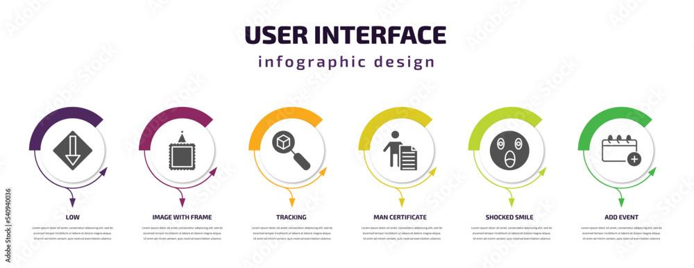 Poster user interface infographic template with icons and 6 step or option. user interface icons such as lo