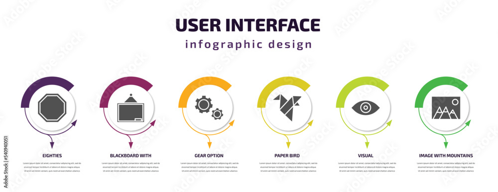 Poster user interface infographic template with icons and 6 step or option. user interface icons such as ei
