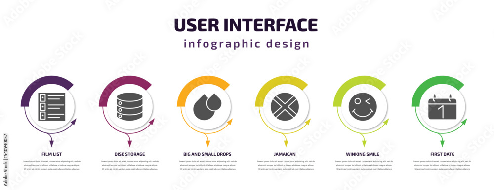 Poster user interface infographic template with icons and 6 step or option. user interface icons such as fi