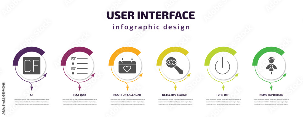 Poster user interface infographic template with icons and 6 step or option. user interface icons such as cf