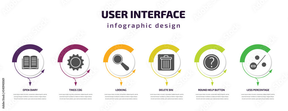 Aufkleber user interface infographic template with icons and 6 step or option. user interface icons such as op