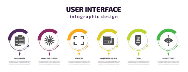 user interface infographic template with icons and 6 step or option. user interface icons such as paper work, image of a flower, corners, newspaper folded, to do, perspectives vector. can be used