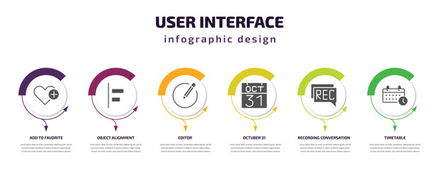 user interface infographic template with icons and 6 step or option. user interface icons such as add to favorite, object alignment, editor, octuber 31, recording conversation, timetable vector. can