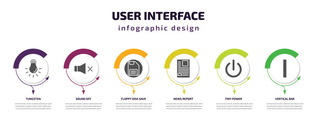 user interface infographic template with icons and 6 step or option. user interface icons such as tungsten, sound off, floppy disk save button, news report, tiny power, vertical bar vector. can be