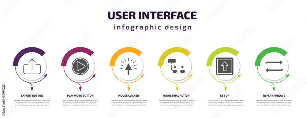 Poster user interface infographic template with icons and 6 step or option. user interface icons such as ex