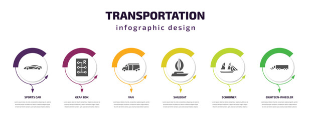 transportation infographic template with icons and 6 step or option. transportation icons such as sports car, gear box, van, sailboat, schooner, eighteen-wheeler vector. can be used for banner, info