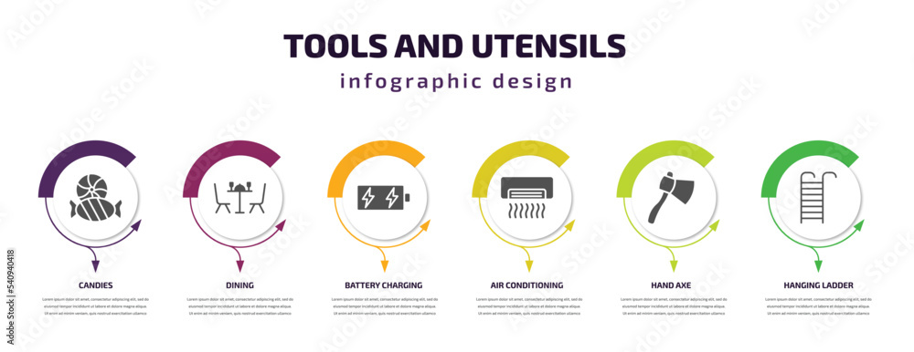 Poster tools and utensils infographic template with icons and 6 step or option. tools and utensils icons su