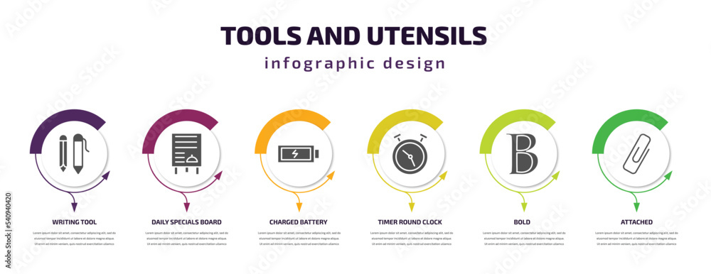 Poster tools and utensils infographic template with icons and 6 step or option. tools and utensils icons su