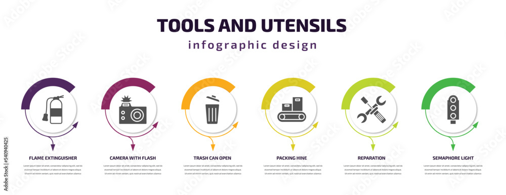 Poster tools and utensils infographic template with icons and 6 step or option. tools and utensils icons su