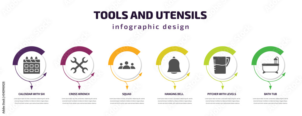 Poster tools and utensils infographic template with icons and 6 step or option. tools and utensils icons su