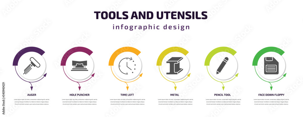 Poster tools and utensils infographic template with icons and 6 step or option. tools and utensils icons su