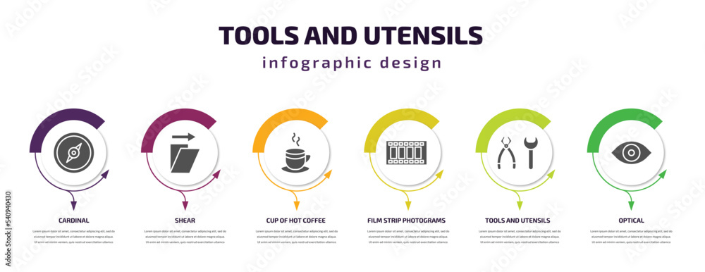 Poster tools and utensils infographic template with icons and 6 step or option. tools and utensils icons su