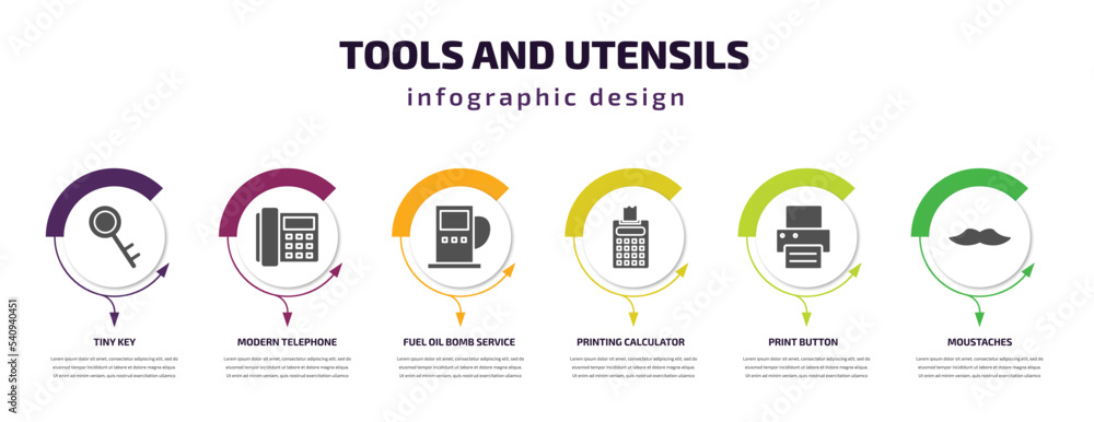 Poster tools and utensils infographic template with icons and 6 step or option. tools and utensils icons su