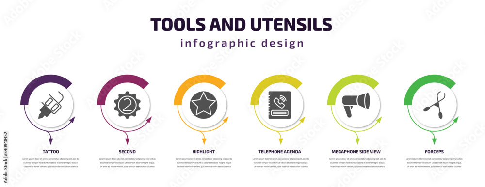 Poster tools and utensils infographic template with icons and 6 step or option. tools and utensils icons su