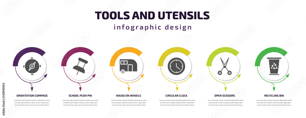 Poster tools and utensils infographic template with icons and 6 step or option. tools and utensils icons su