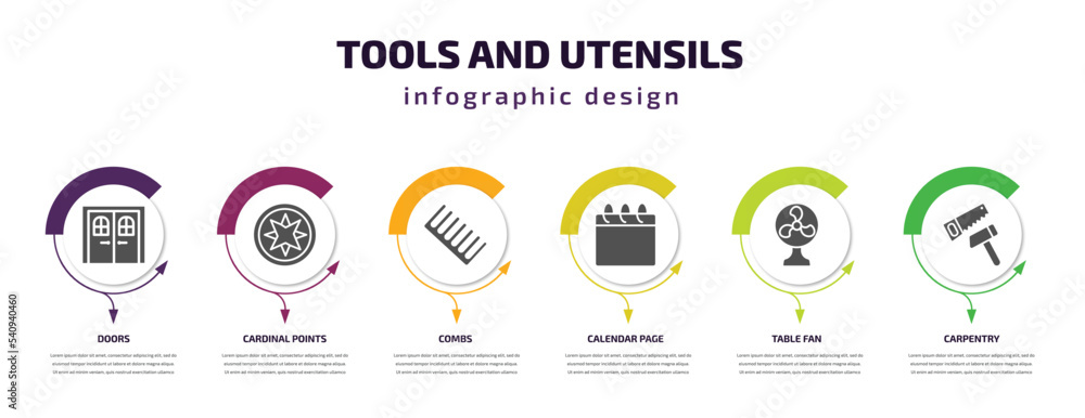 Poster tools and utensils infographic template with icons and 6 step or option. tools and utensils icons su