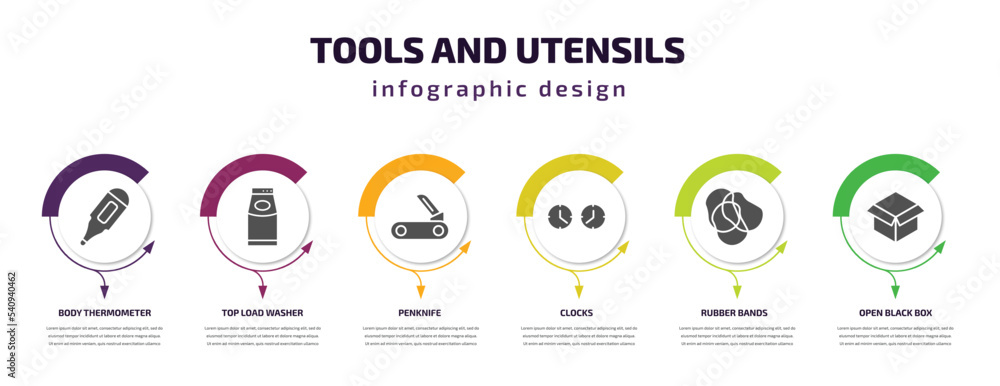 Poster tools and utensils infographic template with icons and 6 step or option. tools and utensils icons su