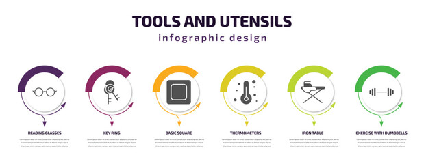 tools and utensils infographic template with icons and 6 step or option. tools and utensils icons such as reading glasses, key ring, basic square, thermometers, iron table, exercise with dumbbells