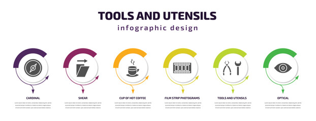 tools and utensils infographic template with icons and 6 step or option. tools and utensils icons such as cardinal, shear, cup of hot coffee, film strip photograms, tools utensils, optical vector.