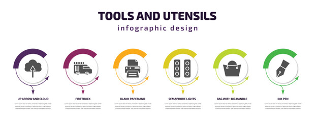 tools and utensils infographic template with icons and 6 step or option. tools and utensils icons such as up arrow cloud, firetruck, blank paper printer, semaphore lights, bag with big handle, ink