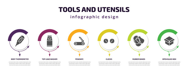 tools and utensils infographic template with icons and 6 step or option. tools and utensils icons such as body thermometer, top load washer, penknife, clocks, rubber bands, open black box vector.
