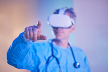 Doctor, finger and vr technology in healthcare, medical worker with virtual reality headset....