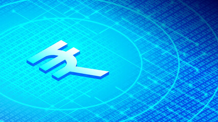 Vector 3d sign of the Indian digital rupee on a glowing cyan background with numbers, circles and rays. Finance and hi tech poster