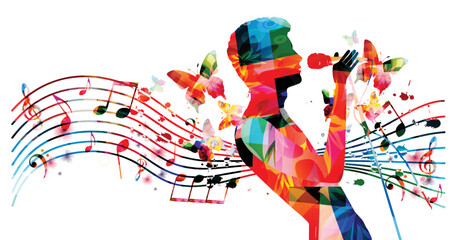 Male singer singing to microphone in intense colors. Performer with musical notes isolated. Vector illustration for live performances and concert events. Music festival, karaoke and talent show poster - obrazy, fototapety, plakaty