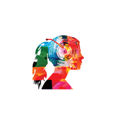 Female silhouette with gramophone vinyl LP record in intense colors on white background. Woman listening vinyl. Vector illustration