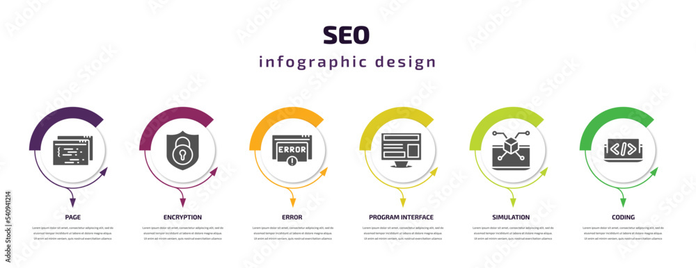 Poster seo infographic template with icons and 6 step or option. seo icons such as page, encryption, error,