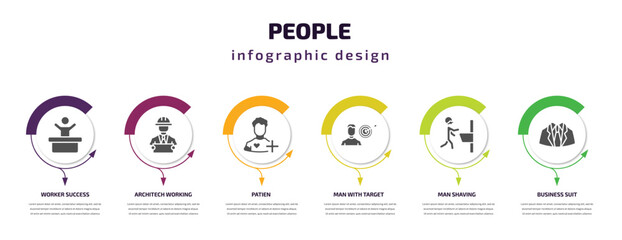 people infographic template with icons and 6 step or option. people icons such as worker success, architech working, patien, man with target, man shaving, business suit vector. can be used for