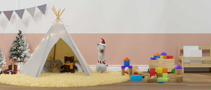 Lovely kid's playroom with Teepee play tent, toys, Christmas tree, white and pink wall
