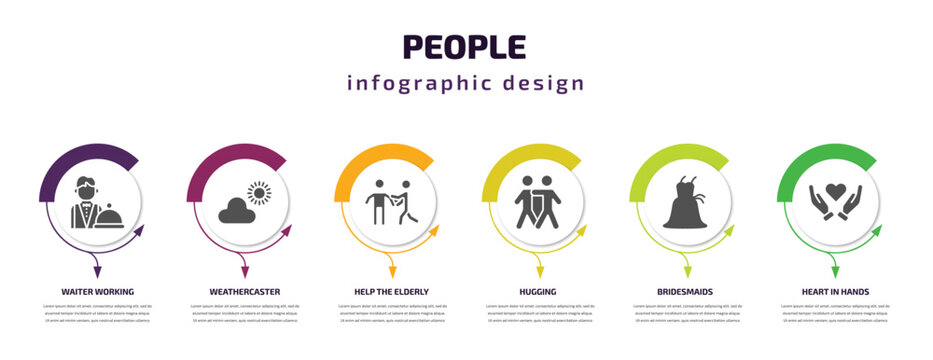 people infographic template with icons and 6 step or option. people icons such as waiter working, weathercaster, help the elderly, hugging, bridesmaids, heart in hands vector. can be used for