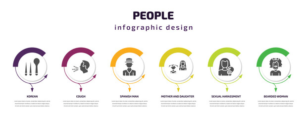 people infographic template with icons and 6 step or option. people icons such as korean, cough, spanish man, mother and daughter, sexual harassment, bearded woman vector. can be used for banner,