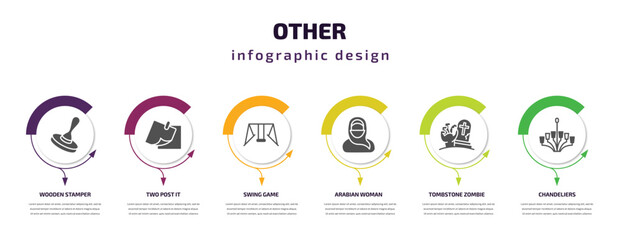 Fototapeta premium other infographic template with icons and 6 step or option. other icons such as wooden stamper, two post it, swing game, arabian woman, tombstone zombie hand, chandeliers vector. can be used for