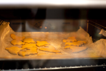 Halloween cookies are baked in the oven. Delicious beautiful cookies in the shape of a bat, ghost, pumpkin