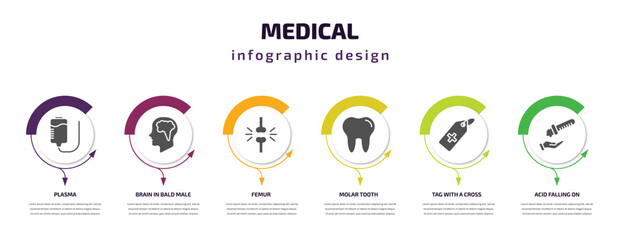 medical infographic template with icons and 6 step or option. medical icons such as plasma, brain in bald male head, femur, molar tooth, tag with a cross, acid falling on hand vector. can be used