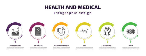 health and medical infographic template with icons and 6 step or option. health and medical icons such as stationary bike, medical file, sphygmomanometer, beat, health care, rings vector. can be
