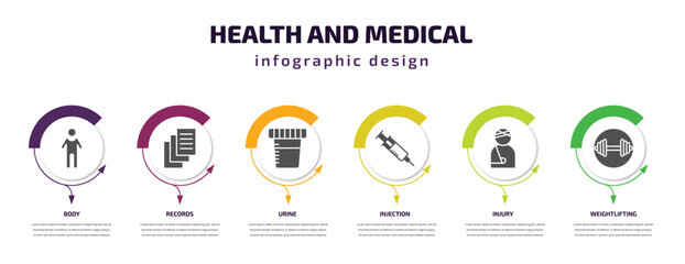 health and medical infographic template with icons and 6 step or option. health and medical icons such as body, records, urine, injection, injury, weightlifting vector. can be used for banner, info