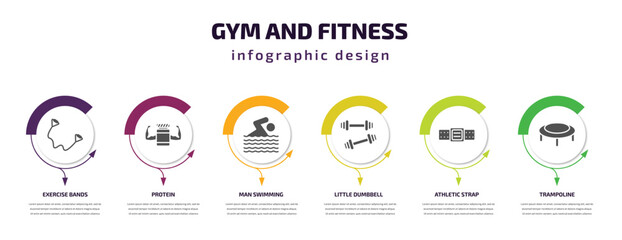 gym and fitness infographic template with icons and 6 step or option. gym and fitness icons such as exercise bands, protein, man swimming, little dumbbell, athletic strap, trampoline vector. can be