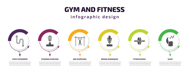 gym and fitness infographic template with icons and 6 step or option. gym and fitness icons such as chest expanders, standing punching ball, bar exercising, boxing mannequin, fitness wheel, sleep