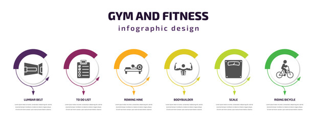 gym and fitness infographic template with icons and 6 step or option. gym and fitness icons such as lumbar belt, to do list, rowing hine, bodybuilder, scale, riding bicycle vector. can be used for