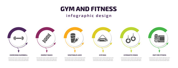 gym and fitness infographic template with icons and 6 step or option. gym and fitness icons such as exercising dumbbell, energy snack, vegetables juice, gym bag, gymnastic rings, mat for fitness